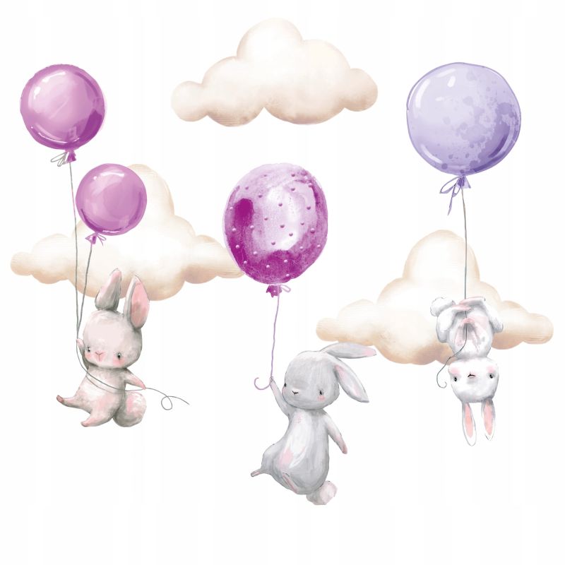 Wallsticker Kaniner Med Balloner Og Skyer Purper